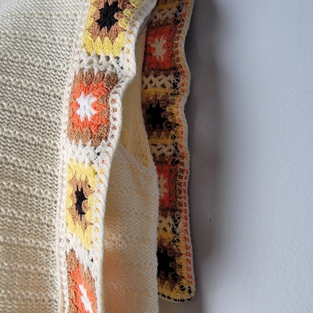 Crochet Granny Square Vest Cream Boho Retro Sweater Tank Women's M Greige - Picture 3 of 9